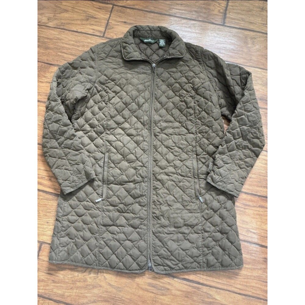 Eddie Bauer Women Quilted Jacket 1X Brown Diamond Stitch Full Zip Down Barn Coat